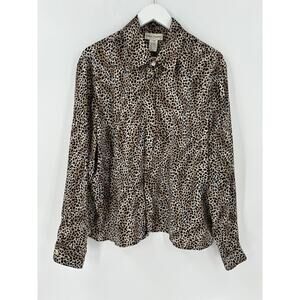 Rena Rowan Vintage Blouse Womens Medium Brown Black 100% Silk Cheetah Satin Top